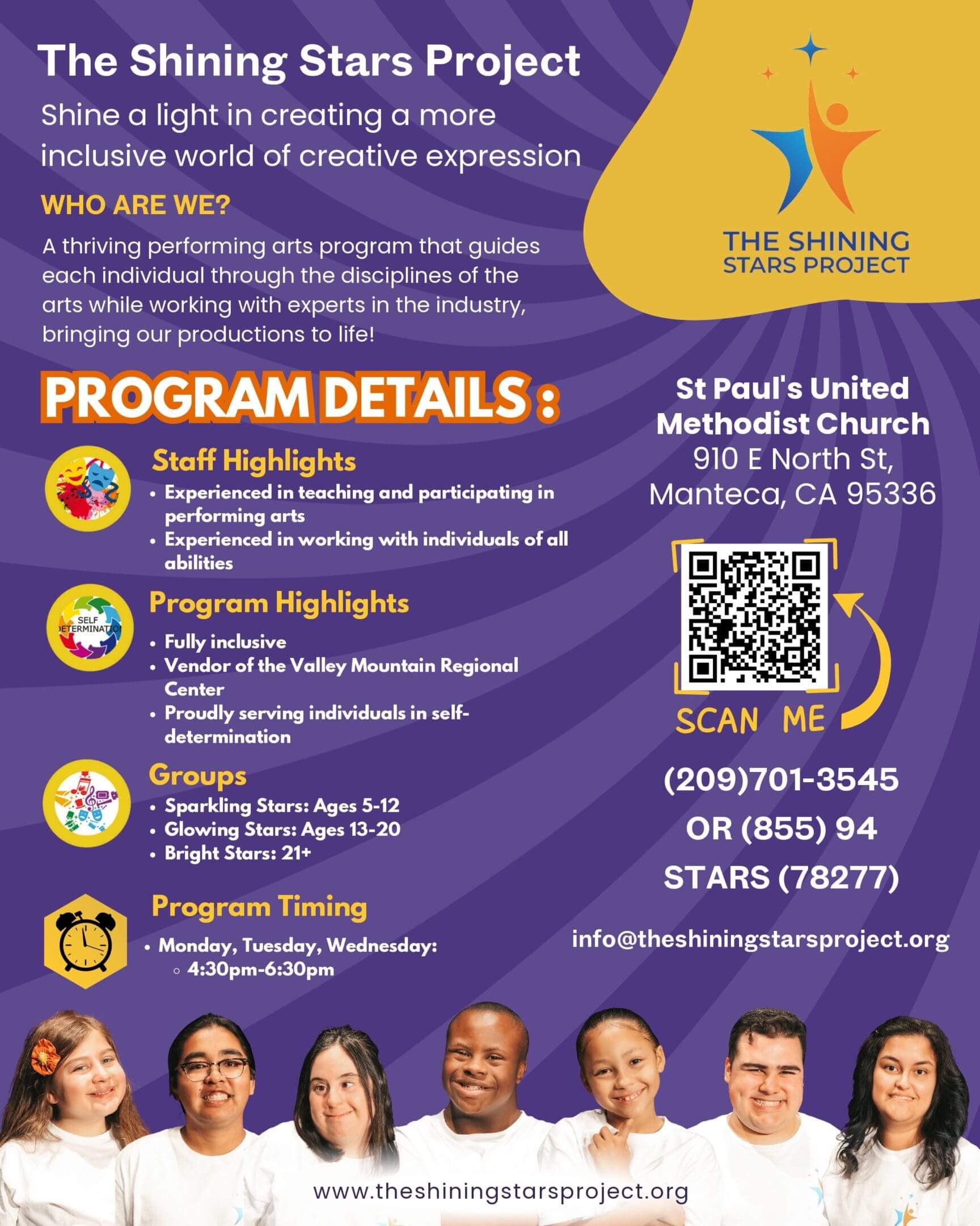 Inclusive performing arts program for diverse individuals.